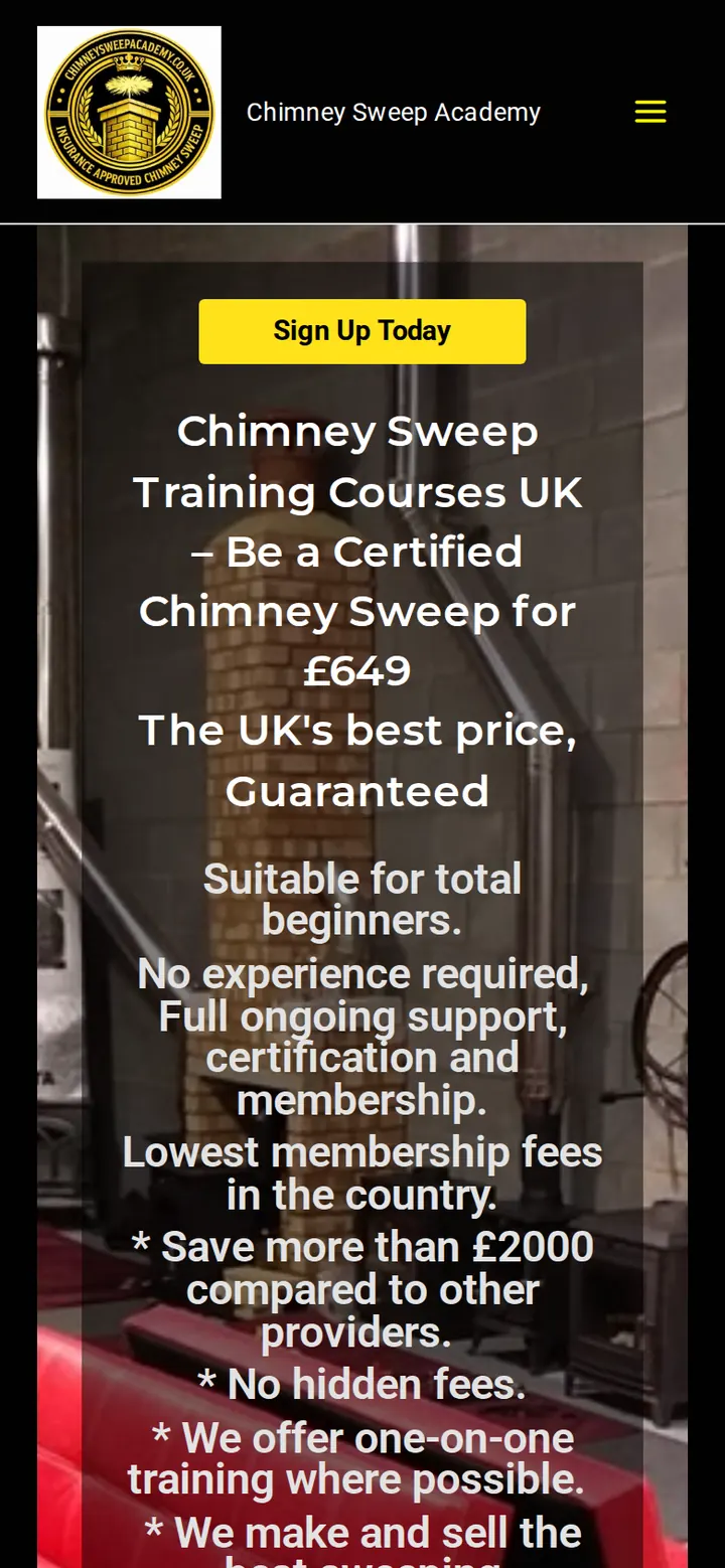 Chimney Sweep Academy website on a phone