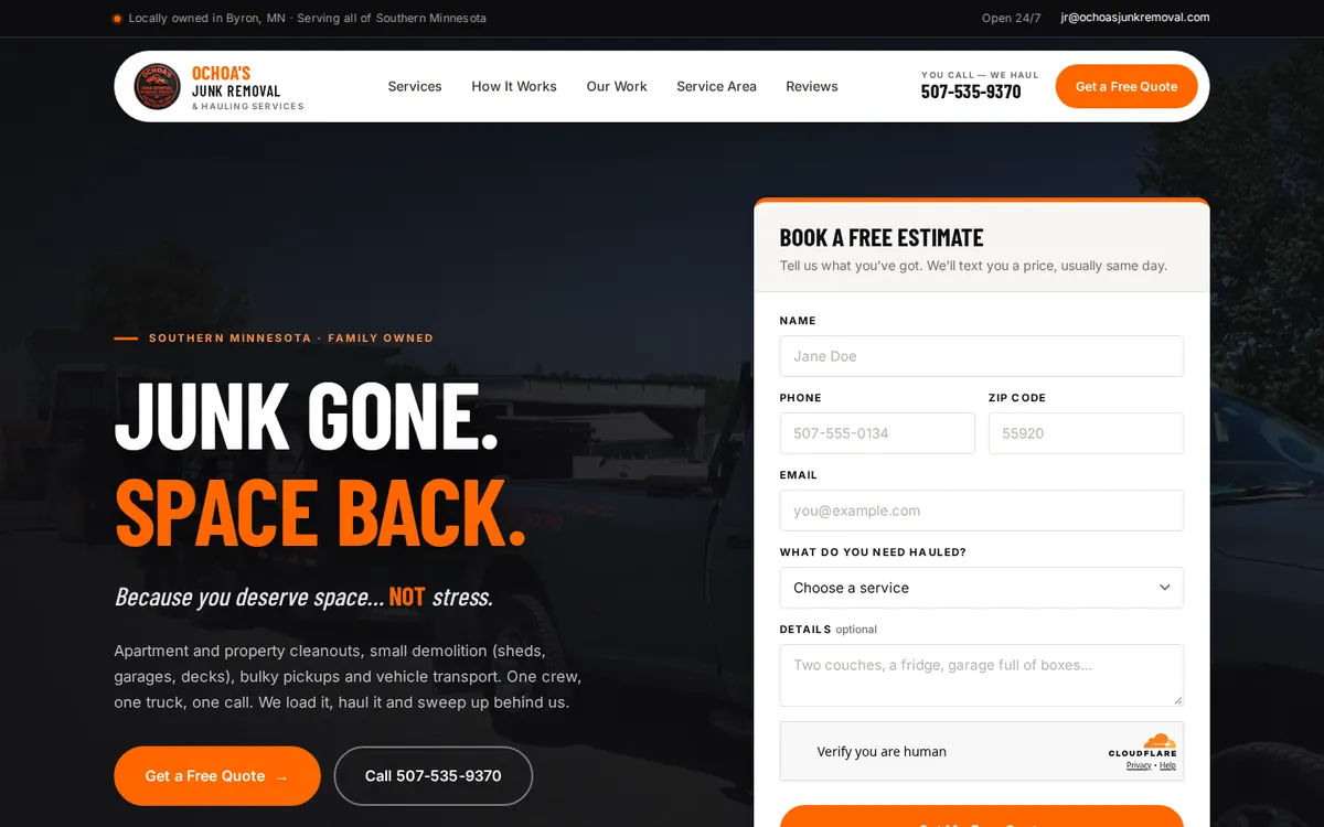 Ochoa's Junk Removal website on desktop